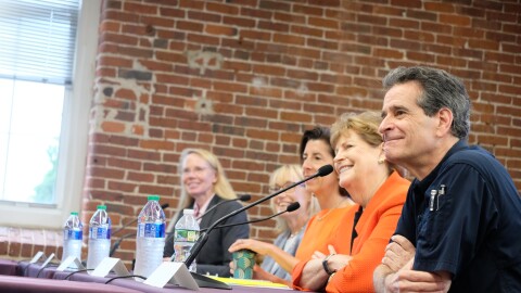 Dean Kamen, right, during a panel discussion in 2023 inside of ARMI.