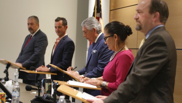 Candidates for governor of New Mexico participate in a public forum in Rio Rancho, N.M., on April 28, 2026, ahead of a June 2 primary election: From left to right, they are Democratic Bernalillo County District Attorney Sam Bregman, Republican businessman Doug Turner; Republican cannabis entrepreneur and health care expert Duke Rodriguez, Democratic former U.S. Interior Secretary Deb Haaland, and Republican former Rio Rancho mayor Gregg Hull.
