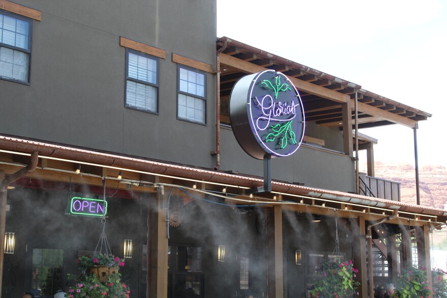 Restaurants like this one in Moab, Utah in July 2025, frequently use patio misters to keep outdoor diners cool during the summer months.