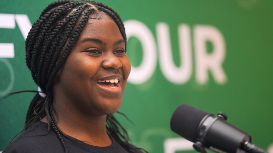 Liberty High School student Germyrion George speaking about her experiences in education as part of the Baton Rouge Youth Voice Initiative’s “Truth Booth.”