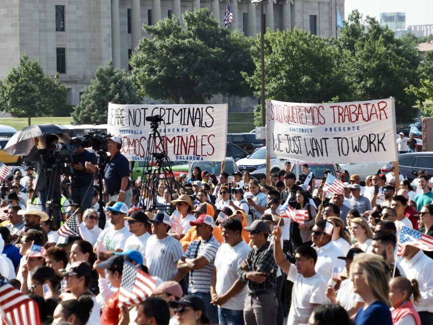 Hundreds of people attend a Hispanic Cultural Day rally outside the Oklahoma State Capitol on May 15, 2024, to protest the newly enacted House Bill 4156, which creates the criminal offense of impermissible occupation.