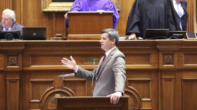 South Carolina Senate Majority Leader Shane Massey, R-Edgefield, speaks in favor of a bill that would limit the land holdings of foreign adversaries in the state on Wednesday, March 22, 2023, in Columbia, S.C. (AP Photo/Jeffrey Collins)
