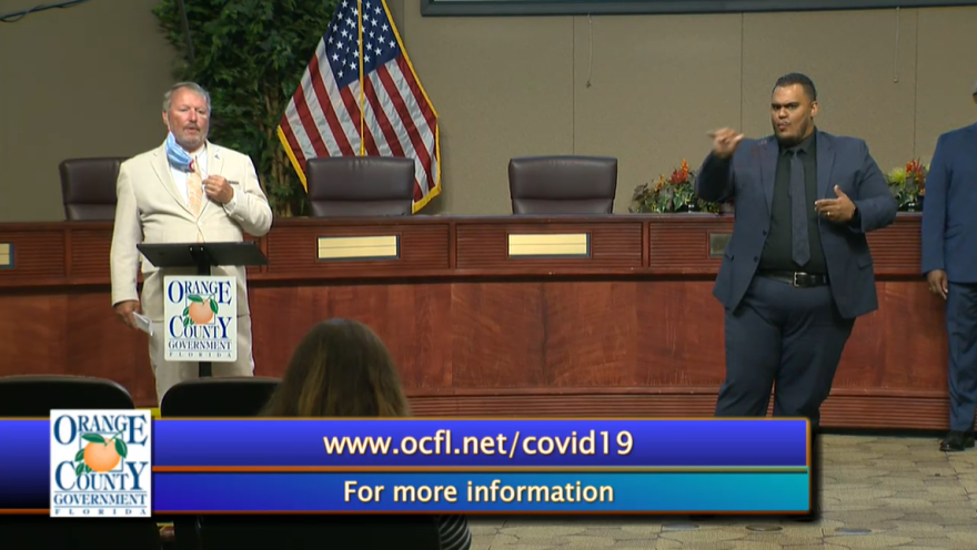 Orlando Mayor Buddy Dyer speaks to media during a briefing on Monday August 31st. Screenshot: Orange TV