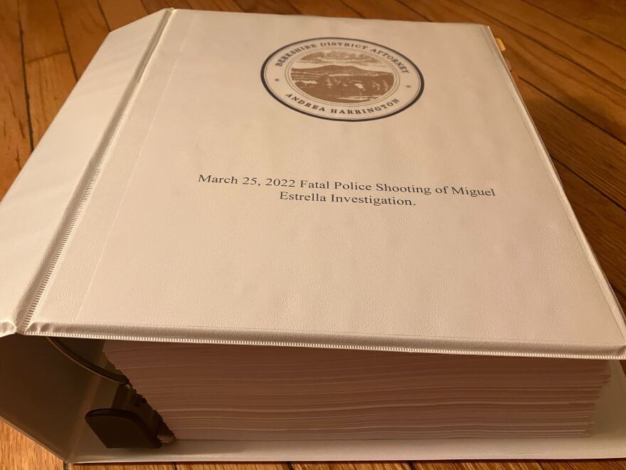 Berkshire District Attorney Andrea Harrington released a 4-inch binder with a flash drive that included video and audio recordings as part of her investigation into the shooting of Miguel Estrella.
