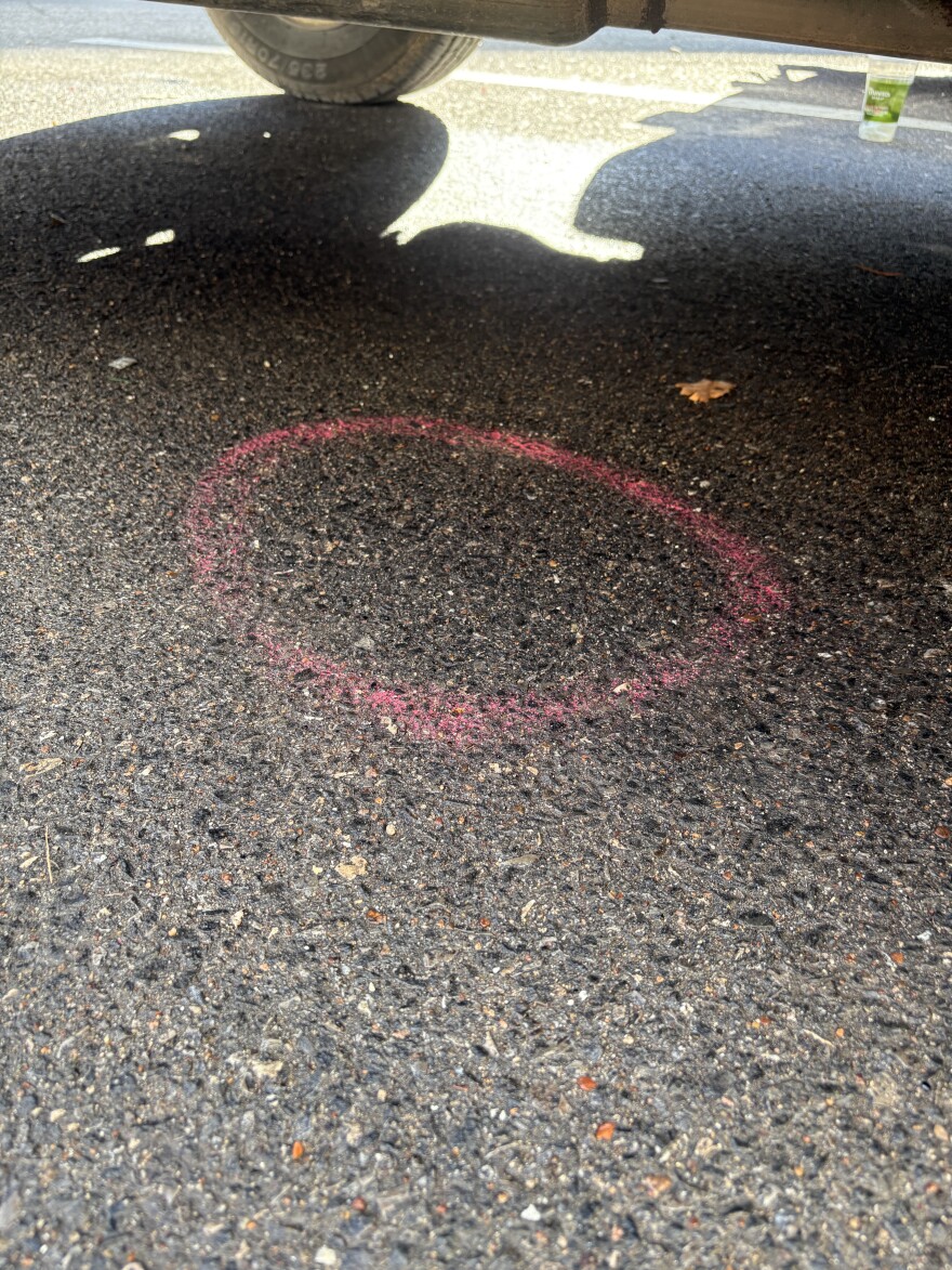 A piece of asphalt is circled with pink chalk in a parking spot in downtown Columbia.