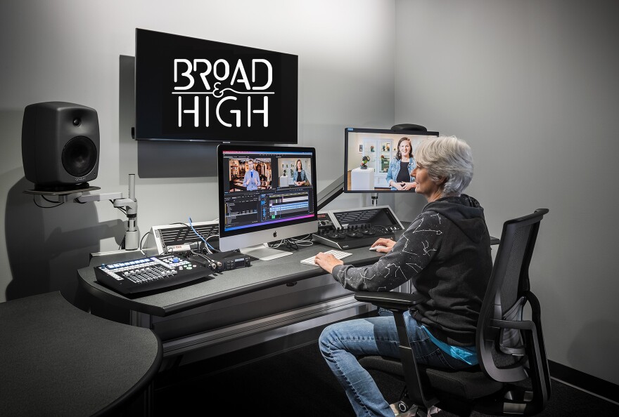 Producer Mary Rathke edits an episode of Broad & High in an edit room at the WOSU headquarters.