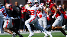 Ohio State running back Isaiah West makes a run into the Indiana secondary during the second half of an NCAA college football game, Saturday, Oct. 17, 2026, in Bloomington, Ind.