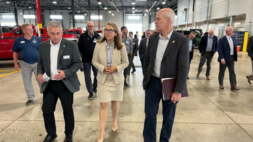 U.S. Representative Hilary Scholten meets with Ranking Member on the House Committee on Transportation and Infrastructure, Congressman Rick Larsen (right) and Kent County Road Commission Director Jerry Byrne (left) at the Kent County Road Commission.