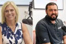 A woman and man in side-by-side photos sitting in a radio studio. The woman is wearing a flower-patterned sleeveless top and he is wearing a gray collared t-shirt
