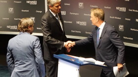 Bob Stefanowski, Ned Lamont shake hands at 2018 debate. Only one of them, Lamont, is a declared candidate, but the 2022 race seems under way.