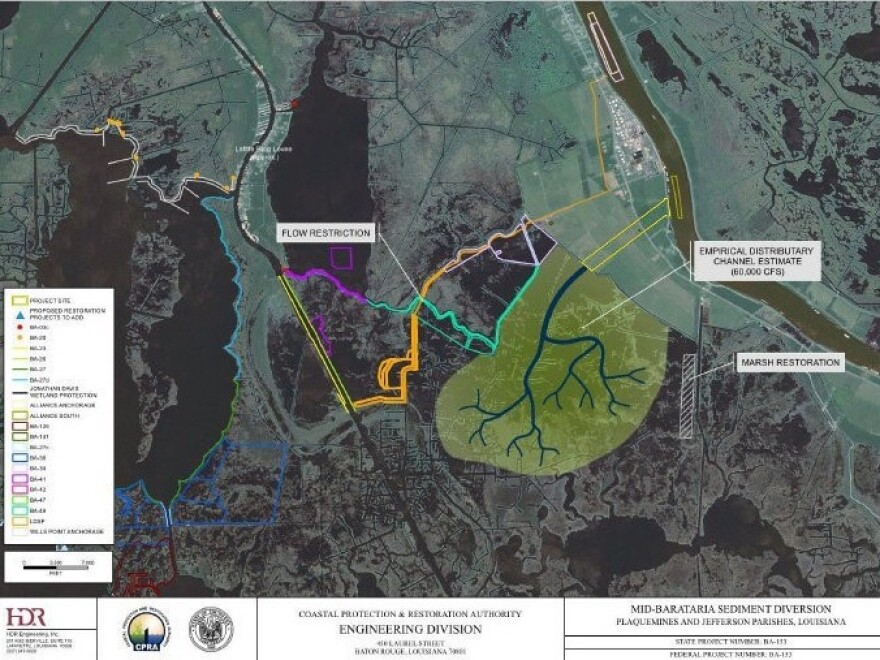 An illustration shows how Louisiana's first proposed sediment diversion might build land by tapping the sediment-rich water of the Mississippi River.