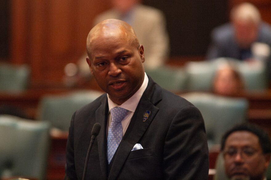 House Speaker Emanuel “Chris” Welch speaks on the House floor on Monday, June 1, telling his caucus there is more work to do on a Bears stadium bill.