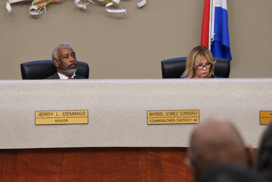 Mayor Jerry Demmings and Commissioner Maribel Gomez Cordero during Tuesday's Board of Commissioners meeting, during a presentation of the STAR Plan (Sunshine Transit Advancement Resolution), which is a rapid transit plan based on Miami-Dade's SMART Plan.