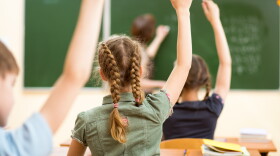 Students raise their hands in their classroom in this stock image.