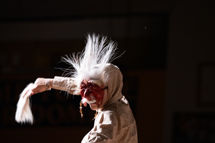 Masked dancer performs at the 2023 Cama-i Dance Festival on March 25, 2023 in Bethel, Alaska.