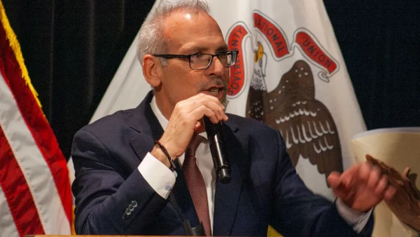 Illinois Supt. of Education Dr. Tony Sanders speaks at the Governor’s Mansion in Springfield in March 2026.