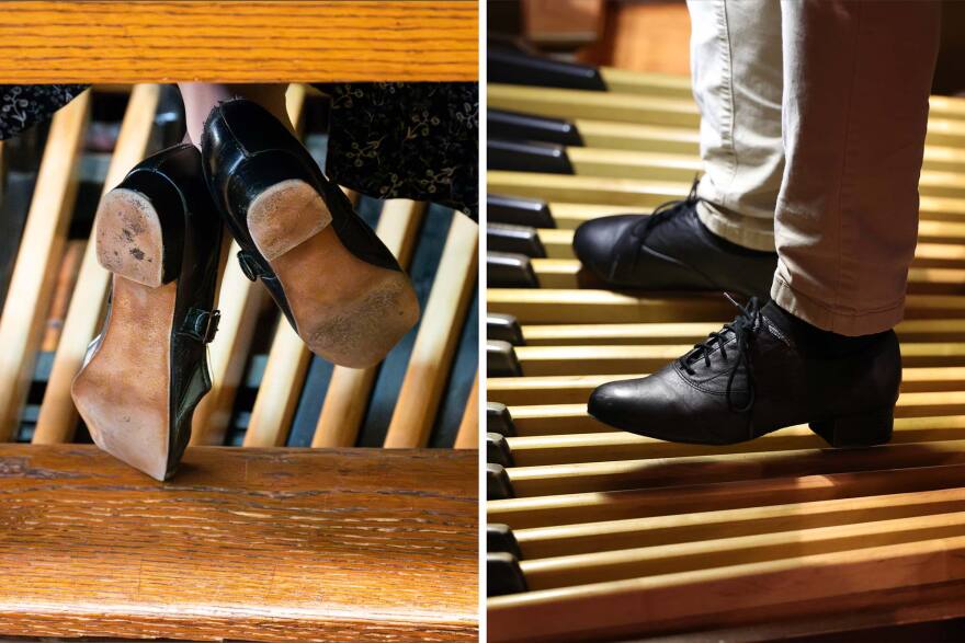 Moore wears special shoes with suede soles on an organ keyboard played with the feet.