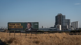 A billboard thanking U.S. Rep. David Valadao, R-Calif., stands near a dairy facility in Pixley, Calif., Friday, Aug. 21, 2026.