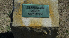 An original Jefferson Davis Highway marker in Stovall, N.C., between the railroad tracks and US-15.