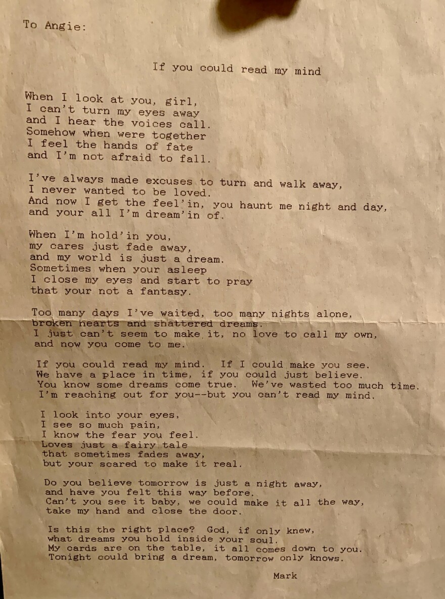 Lyrics of a love song Mark Smith wrote for Angie Short during their college years in 1993. Photo submitted by Angie Short.