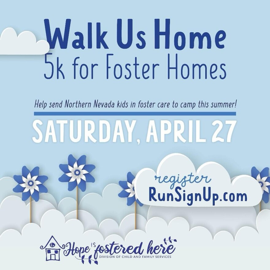 A light blue graphic with blue pinwheels reads "Walk Us Home 5k for Foster Homes."