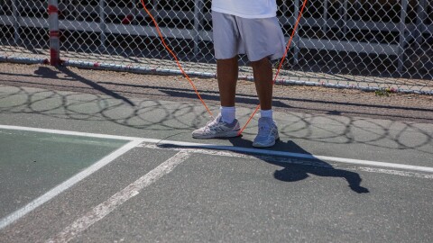An inmate jumps rope in the courtyard at San Quentin State Prison on July 26, 2023.