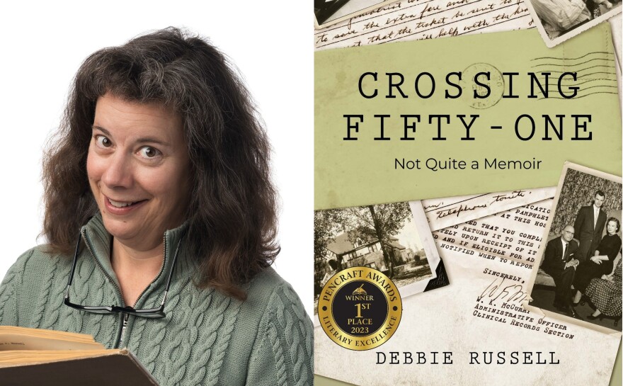 A woman holding a book. To the right, the book cover to "Crossing Fifty-One"