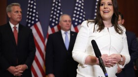 Rep. Elise Stefanik, R-N.Y., speaks to reporters Friday after her election as House Republican Conference chair. Stefanik called former President Donald Trump "a critical part of our Republican team."