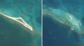 Hawaii's East island before Hurricane Walaka (left) and after (right). (Courtesy of Chip Fletcher)