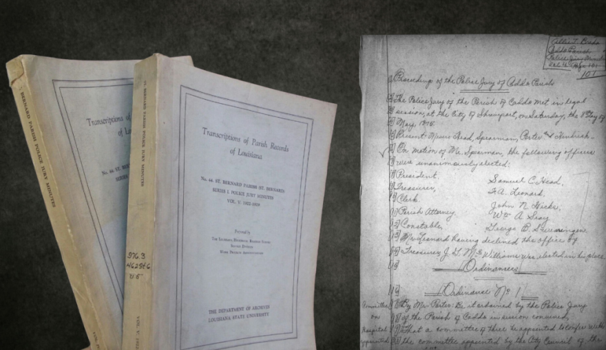 Bound transcriptions of the St. Bernard Parish Police Jury minutes between 1922-1929. Excerpted page of the microfilmed May 8, 1875, Caddo Parish Police Jury minutes.