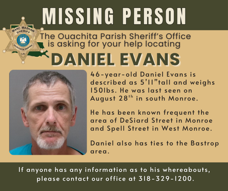 Missing Person poster for Daniel Evans, a 46-year-old man, 5'11 tall, and weighing 150 pounds. He was last seen on August 28th in South Monroe.