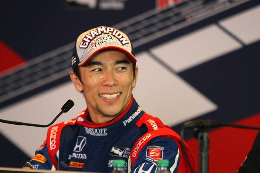 Takuma Sato speaks with the media after winning the 101st Indianapolis 500 on Sunday, May 28, 2017 at the Indianapolis Motor Speedway.