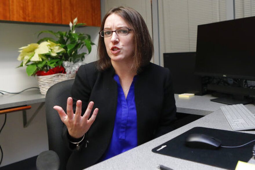 Pennsylvania state senator Lindsey Williams talks about her recent win in the election and the Republican party concerns that she doesn't meet residency requirements as she settles into her new office on Wednesday, Dec. 12, 2018, in Glenshaw, Pa. (AP Photo/Keith Srakocic)