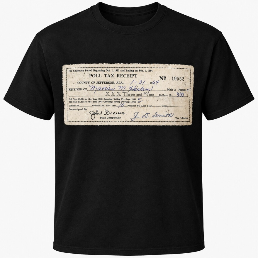 A black t-shirt with Marian Haslam's poll tax receipt printed on the front