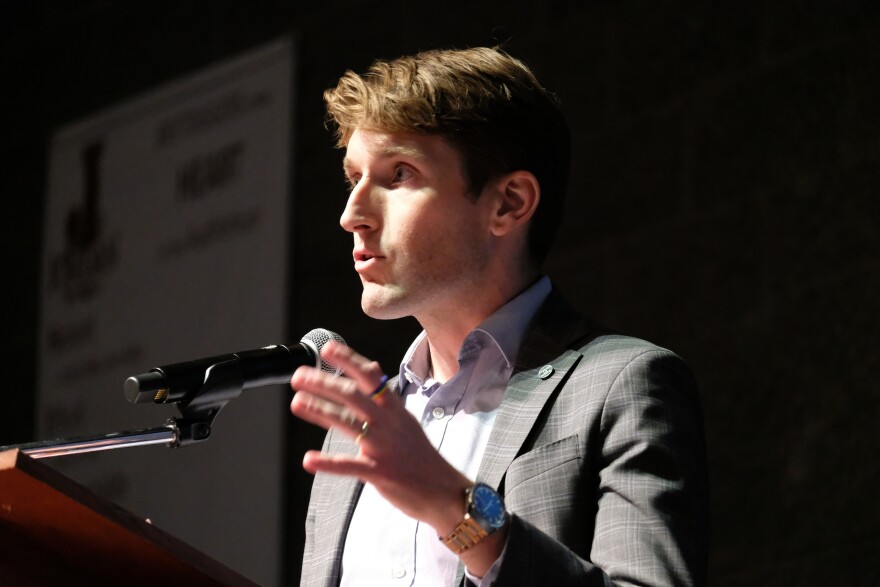 Nate Blouin gives a speech at the Utah Democratic Convention.
