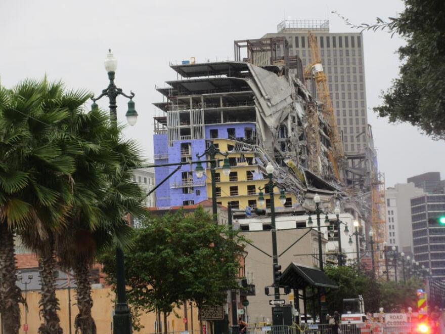 The partially collapsed Hard Rock Hotel building as seen from Rampart Street.