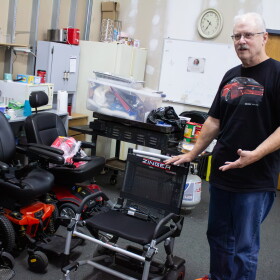 Doug Griswold volunteers to refurbish power chairs at the Wichita Medical Loan Closet. The organization provides a wide range of donated items for little or no cost to the public.