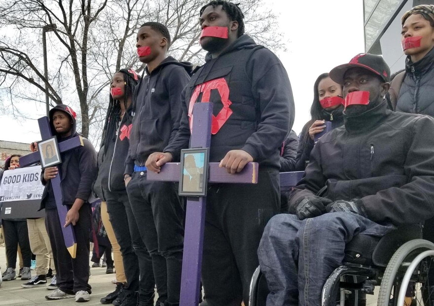 Alex King (fourth from left) stands with North Lawndale College Prep High School classmates during a walkout protest against gun violence in Chicago. (Courtesy Alex King)