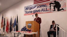 Veterans of Foreign Wars Post 10046 Commander Dave Dewey leads a Veterans Day ceremony on Monday, Nov. 11, 2024 in Kenai, Alaska.