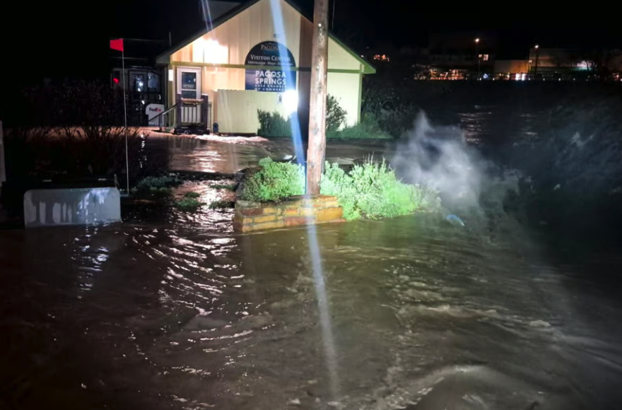 Floodwaters rise outside of Pagosa Springs' visitor center. Oct. 22, 2026.