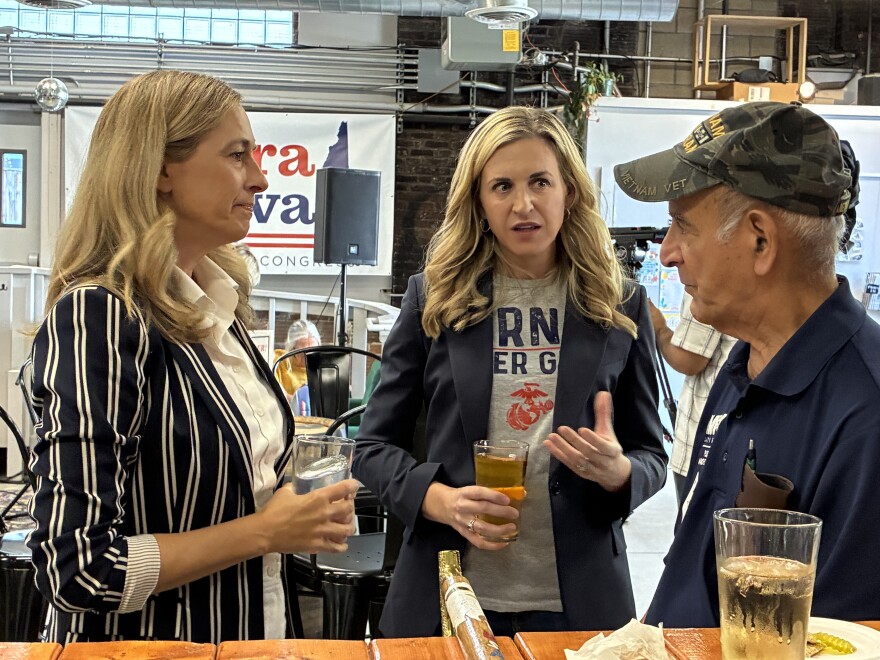 Maura Sullivan, center, was joined by N.J. Gov. Mikie Sherril during an event at To Share Brewing in Manchester on Aug 19., 2026.