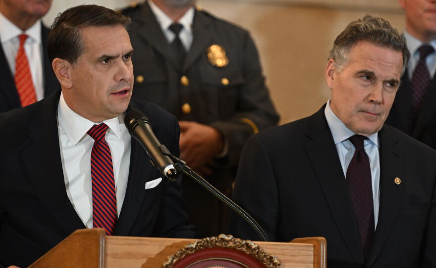 U.S. Attorney General Todd Blanche (left) joined U.S. Sen. Dave McCormick (right) in Wilkes-Barre Monday morning for a roundtable and press conference about fentanyl.