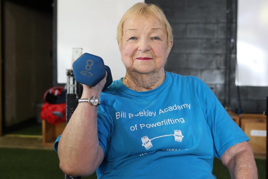 Edith Murway, shown here training at her gym, discovered powerlifting at 91. Now, days away from 100, she holds the Guinness World Record for oldest competitive powerlifter (female).