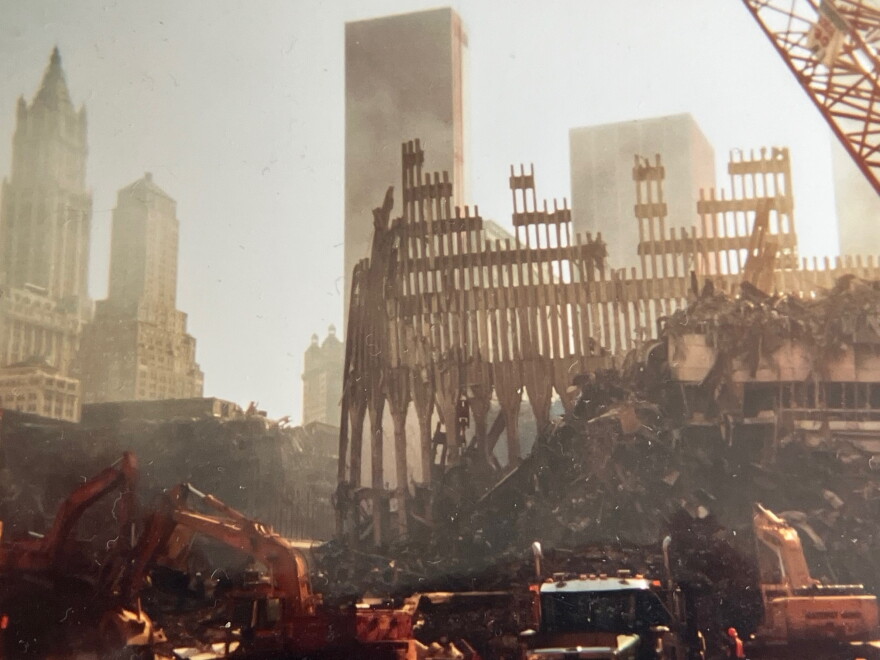 A photo of the Ground Zero wreckage, including parts of the collapsed World Trade Center, shown in early October 2001.
