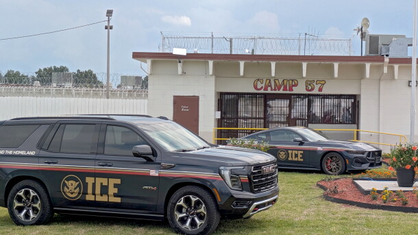 Immigration and Customs Enforcement vehicles are parked outside of Camp 57 in Angola, Louisiana, on Sep. 3, 2025.