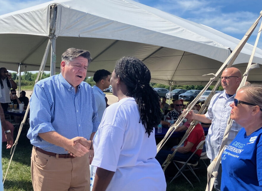 Gov. Pritzker shook hands with many supporters on Labor Day in East Moline, as he campaigns for a third term, facing GOP opponent Darren Bailey.