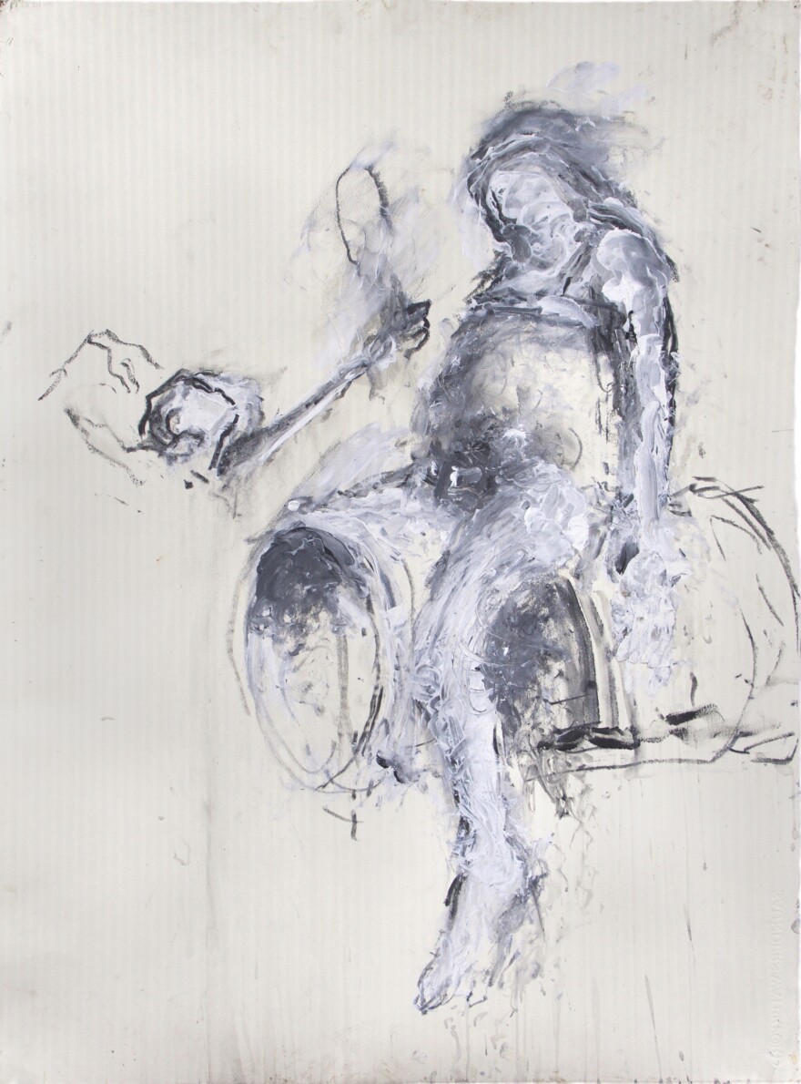 <em>The Tin Barrel</em>, 2015. Acrylic, charcoal, and collage on paper. People astride barrels are a common image in Leaf's work.