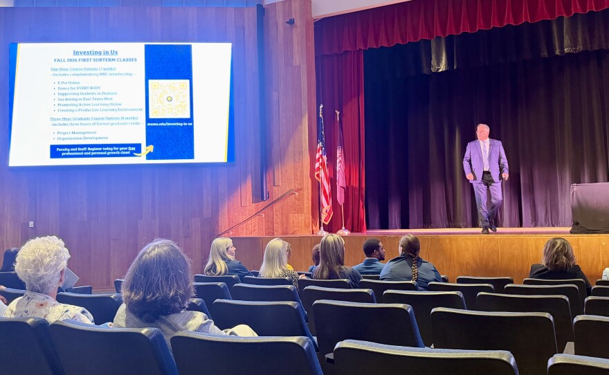 ETAMU president Dr. Mark Rudin addresses staff and faculty ahead of the fall 2026 semester from the stage of Ferguson Auditorium on the ETAMU campus.