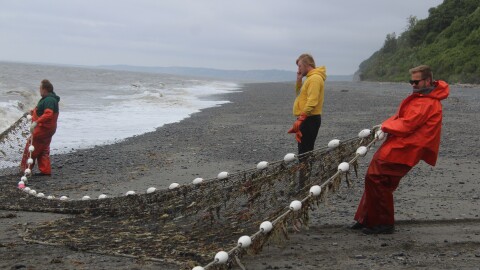 Carey Johnson (right) helps pull in a beach seine net on Wednesday, July 9, 2025 in Clam Gulch, Alaska.