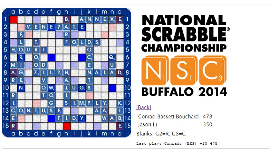 An online tally of the words played in the final round of the 2014 National Scrabble Championship, between Conrad Bassett-Bouchard and Jason Li.
